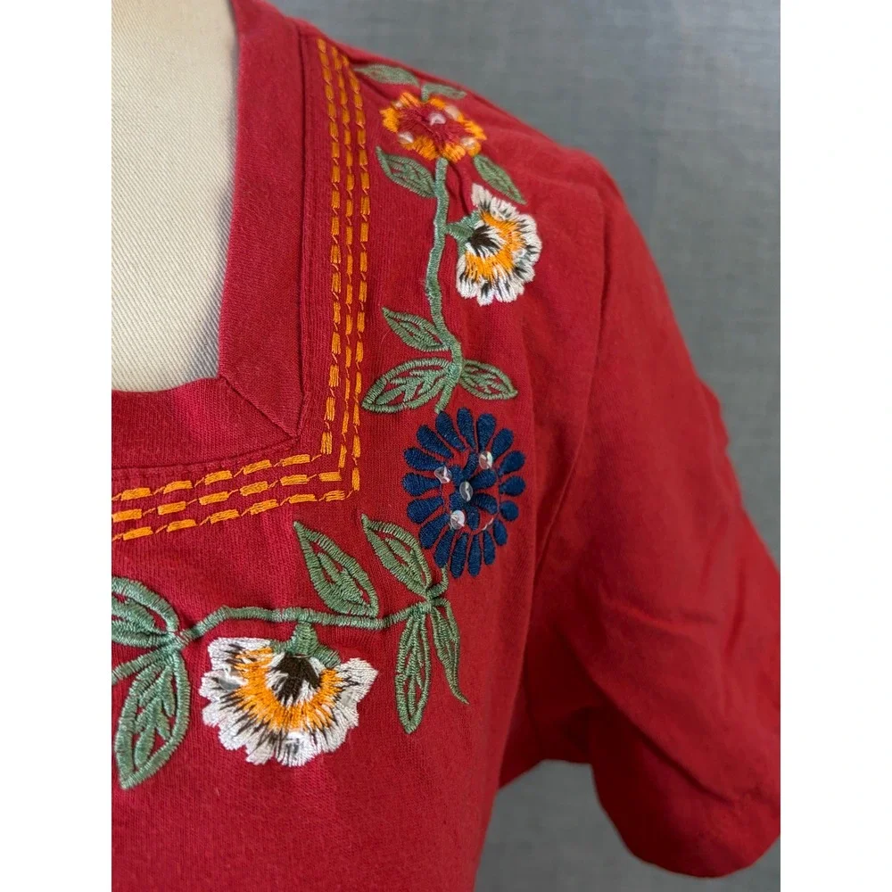 Vermont Country Store Red Floral Embroidered Cotton Square Neck Top M Boho - Picture 5 of 8